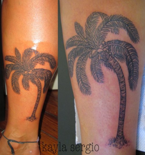 Grey Ink Palm Tree Tattoos On Leg